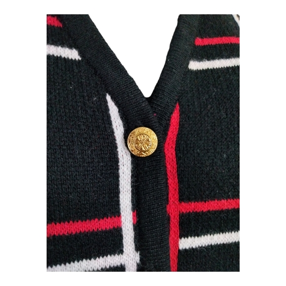 Liz Baker Sz Medium Black red white and Gold button down cotton sweater vest - Picture 10 of 13